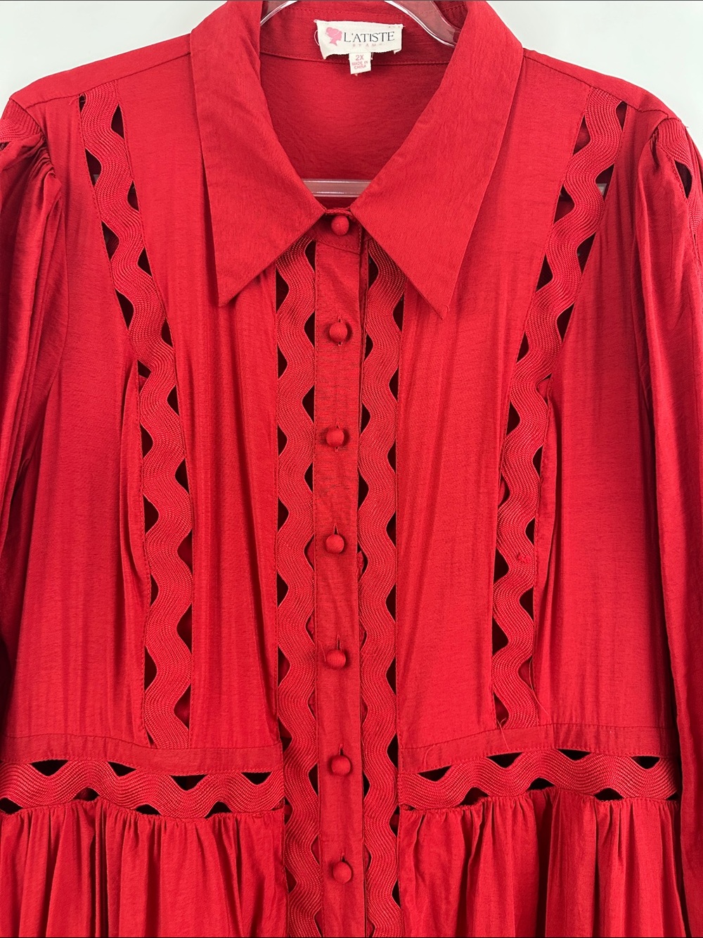 L’ATISTE Red Lace Cutout Maxi Dress 2X Long Sleeve Boho Tiered Button Front - Picture 5 of 9